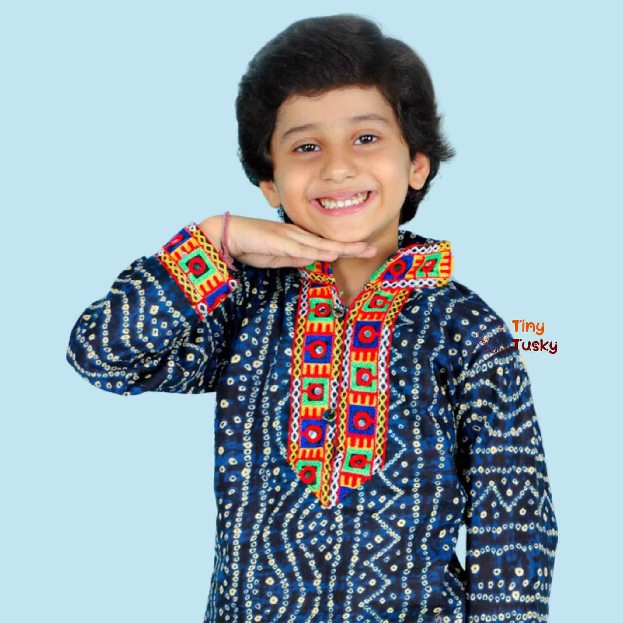 Festive Blue Bandhani Print Boys' Kurta With Embroidery - Tiny Tusky