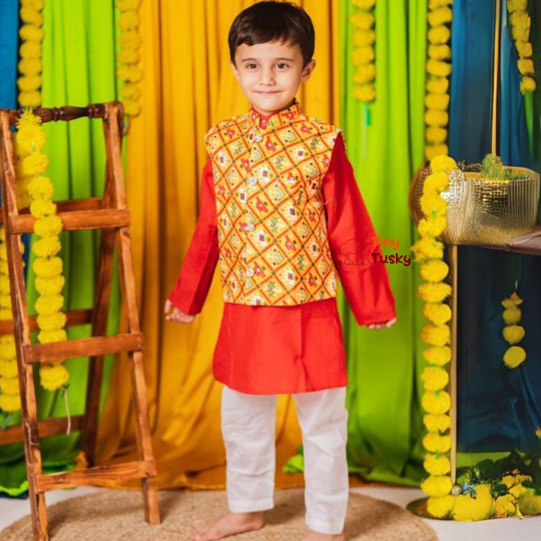 Festive Yellow Red Silk Blend Bandhani Boys Kurta with Gotta Embroidery - Tiny Tusky