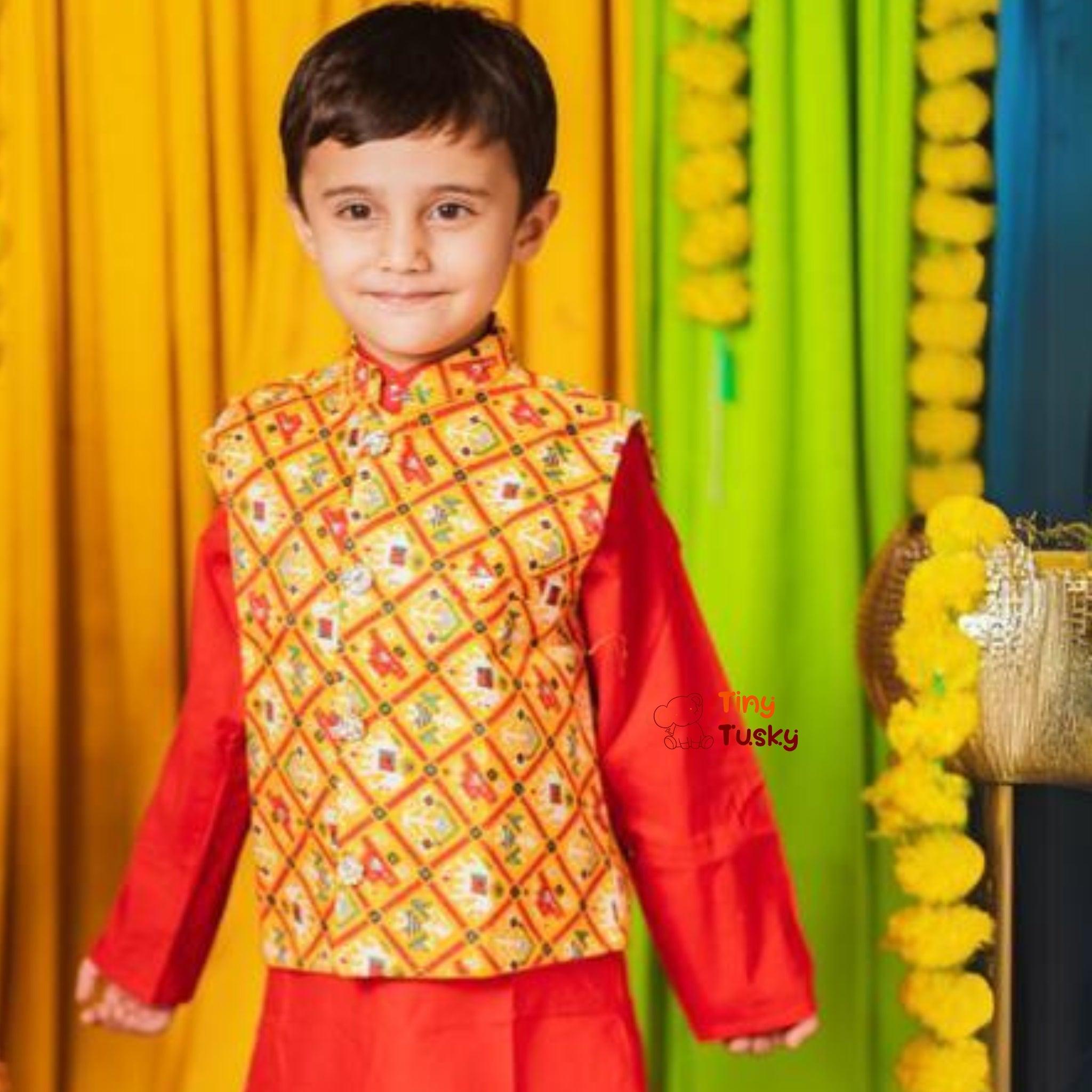 Festive Yellow Red Silk Blend Bandhani Boys Kurta with Gotta Embroidery - Tiny Tusky