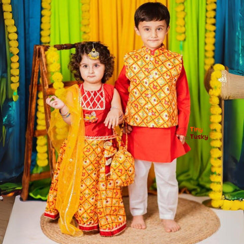 Festive Yellow Red Silk Blend Bandhani Boys Kurta with Gotta Embroidery - Tiny Tusky
