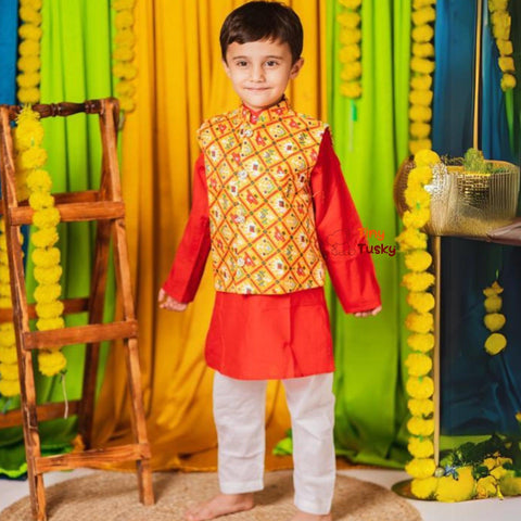 Festive Yellow Red Silk Blend Bandhani Boys Kurta with Gotta Embroidery - Tiny Tusky