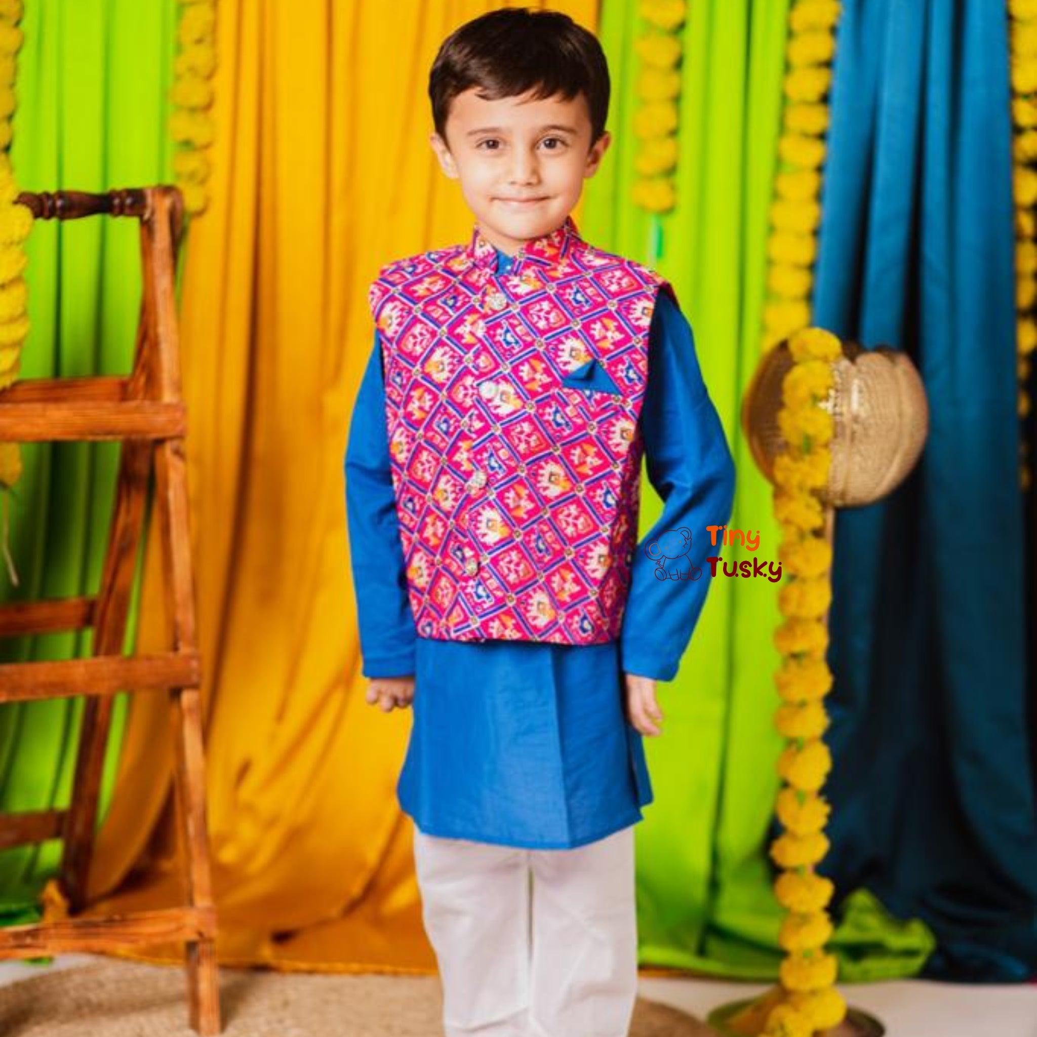 Festive Blue Pink Silk Blend Bandhani Boys Kurta with Gotta Embroidery - Tiny Tusky