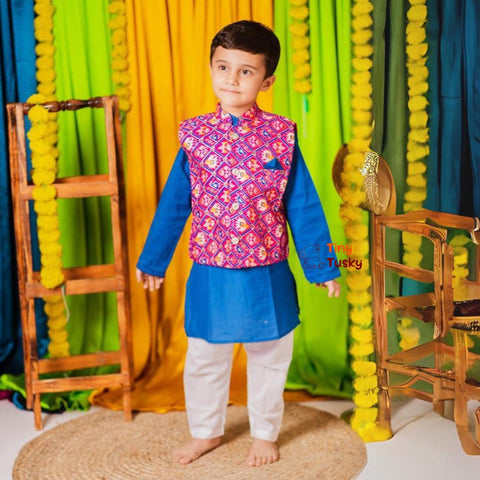 Festive Blue Pink Silk Blend Bandhani Boys Kurta with Gotta Embroidery - Tiny Tusky