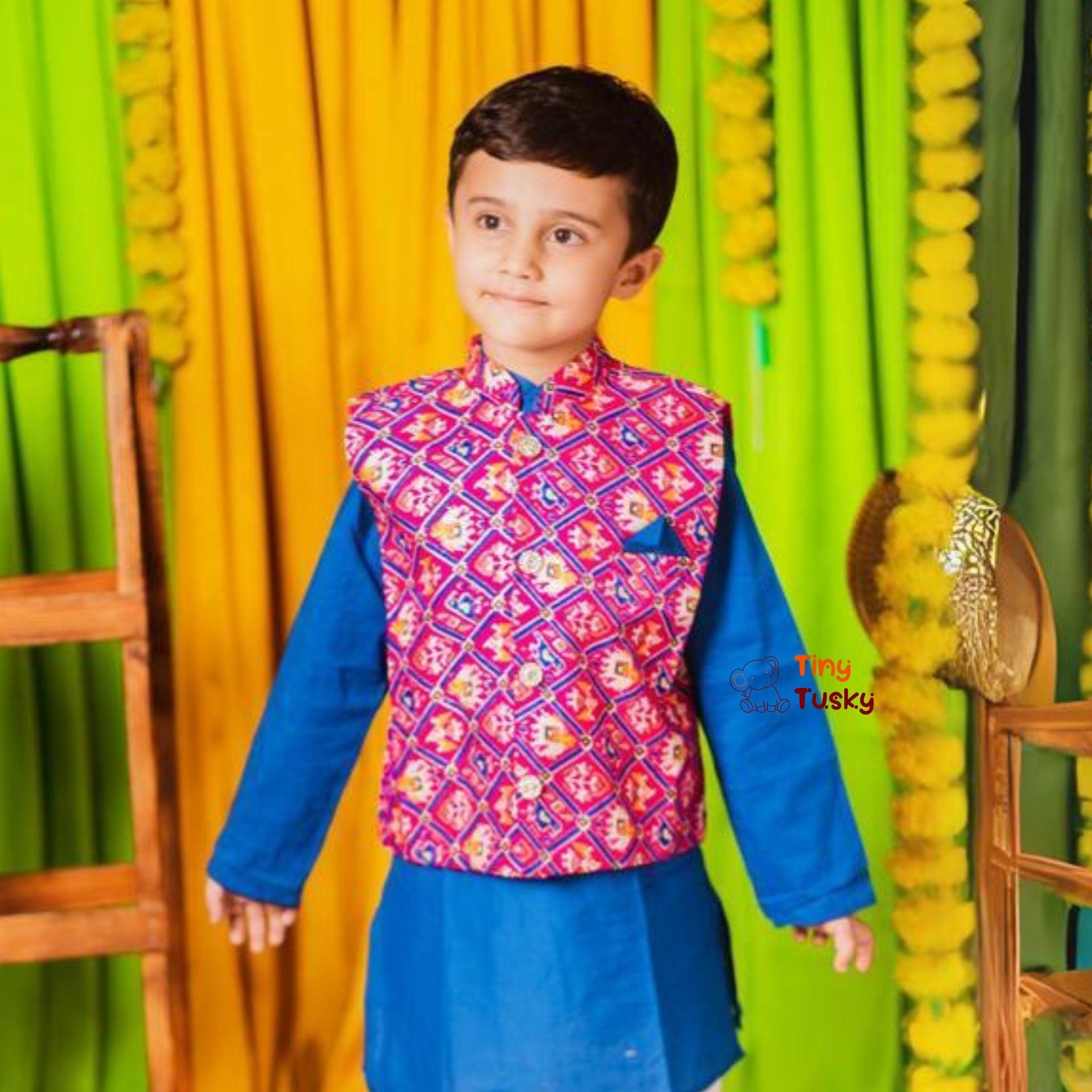 Festive Blue Pink Silk Blend Bandhani Boys Kurta with Gotta Embroidery - Tiny Tusky