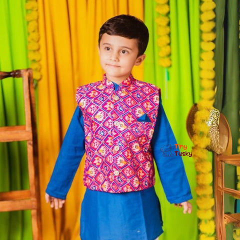 Festive Blue Pink Silk Blend Bandhani Boys Kurta with Gotta Embroidery - Tiny Tusky