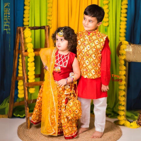 Festive Yellow Red Silk Blend Bandhani Boys Kurta with Gotta Embroidery - Tiny Tusky