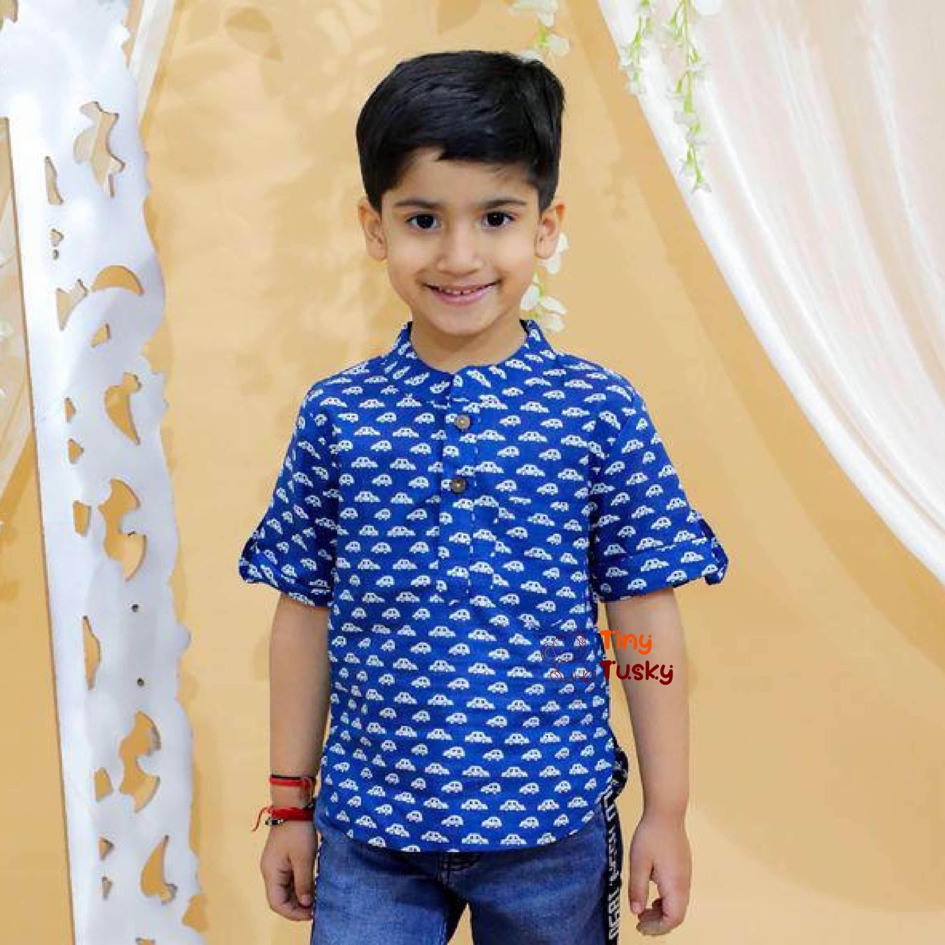 Tiny Tusky Boys Dark Blue Cotton Car Shirt - Tiny Tusky