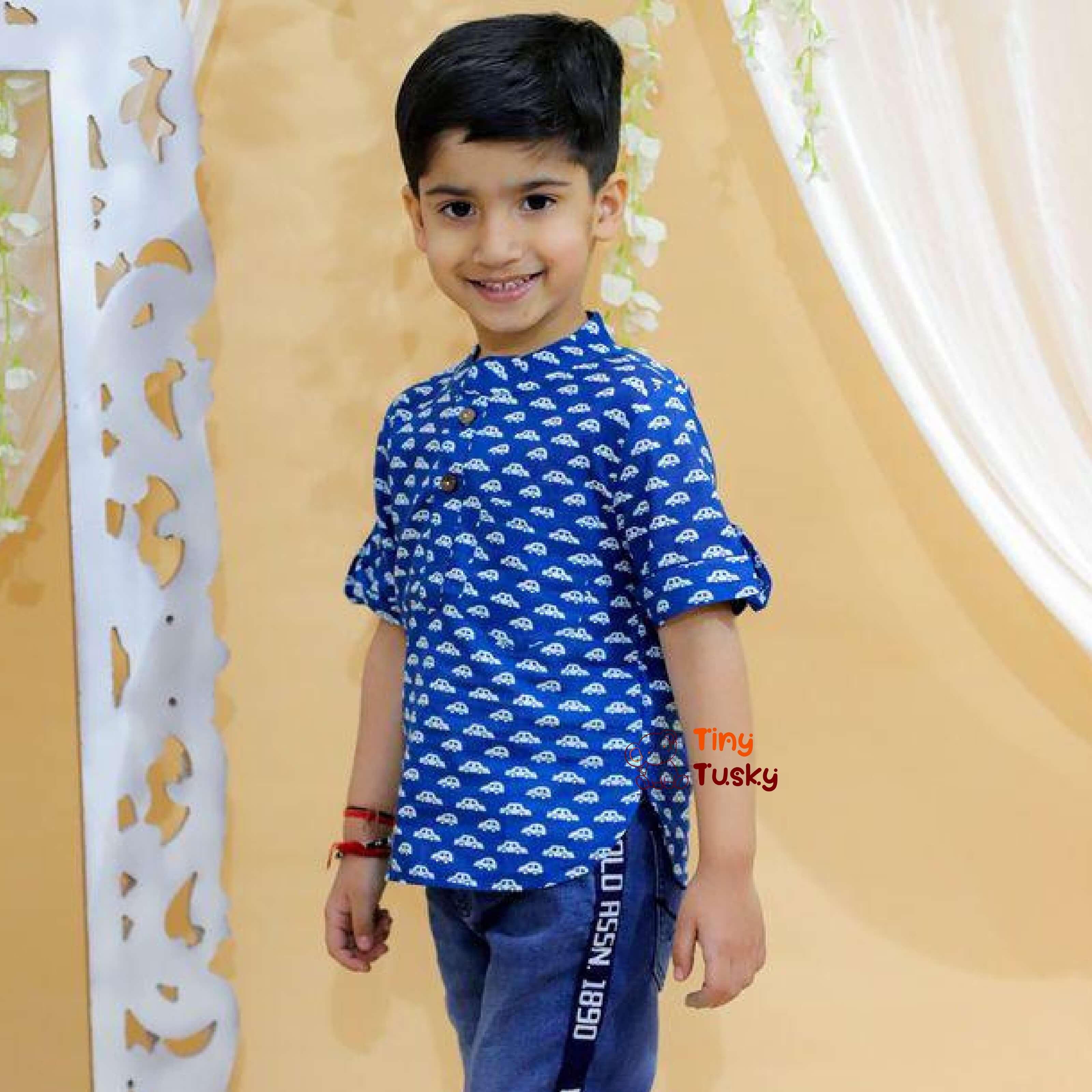 Tiny Tusky Boys Dark Blue Cotton Car Shirt - Tiny Tusky
