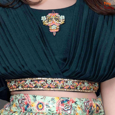 Vibrant Green Short Ethnic Skirt With Embroidered Cross Fall Shoulder Top - Tiny Tusky