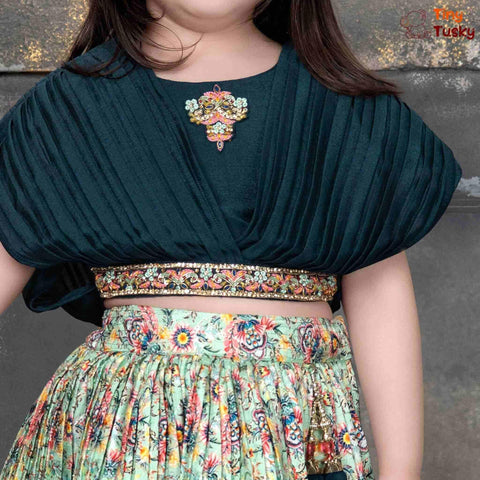 Vibrant Green Short Ethnic Skirt With Embroidered Cross Fall Shoulder Top - Tiny Tusky
