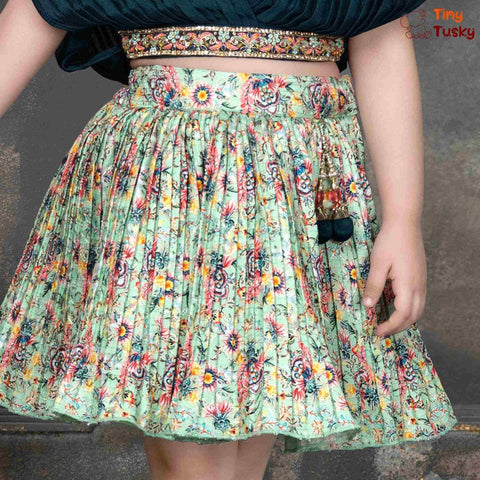 Vibrant Green Short Ethnic Skirt With Embroidered Cross Fall Shoulder Top - Tiny Tusky