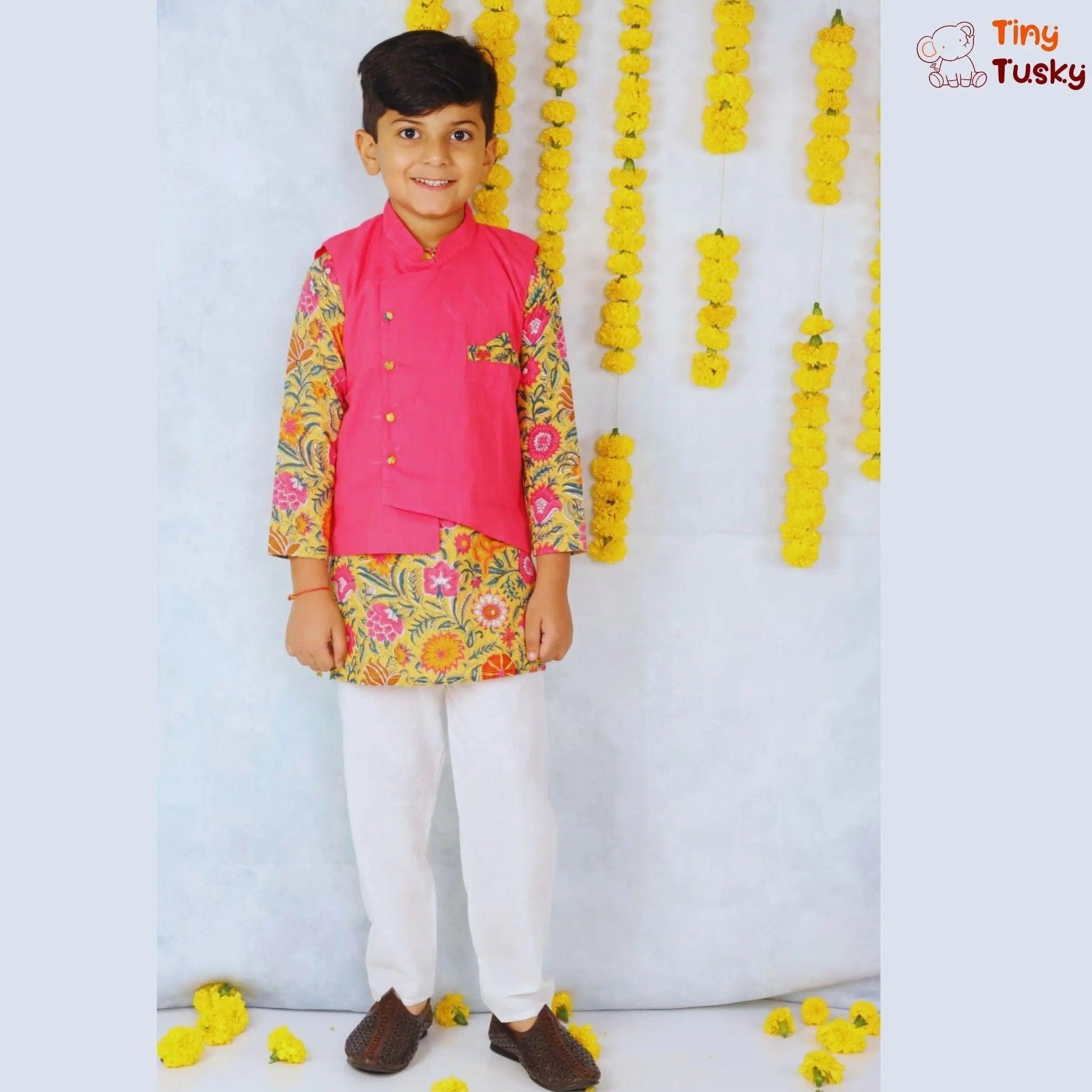 Yellow Floral Print Boys Kurta With Pink Jacket Pajama Set - Tiny Tusky