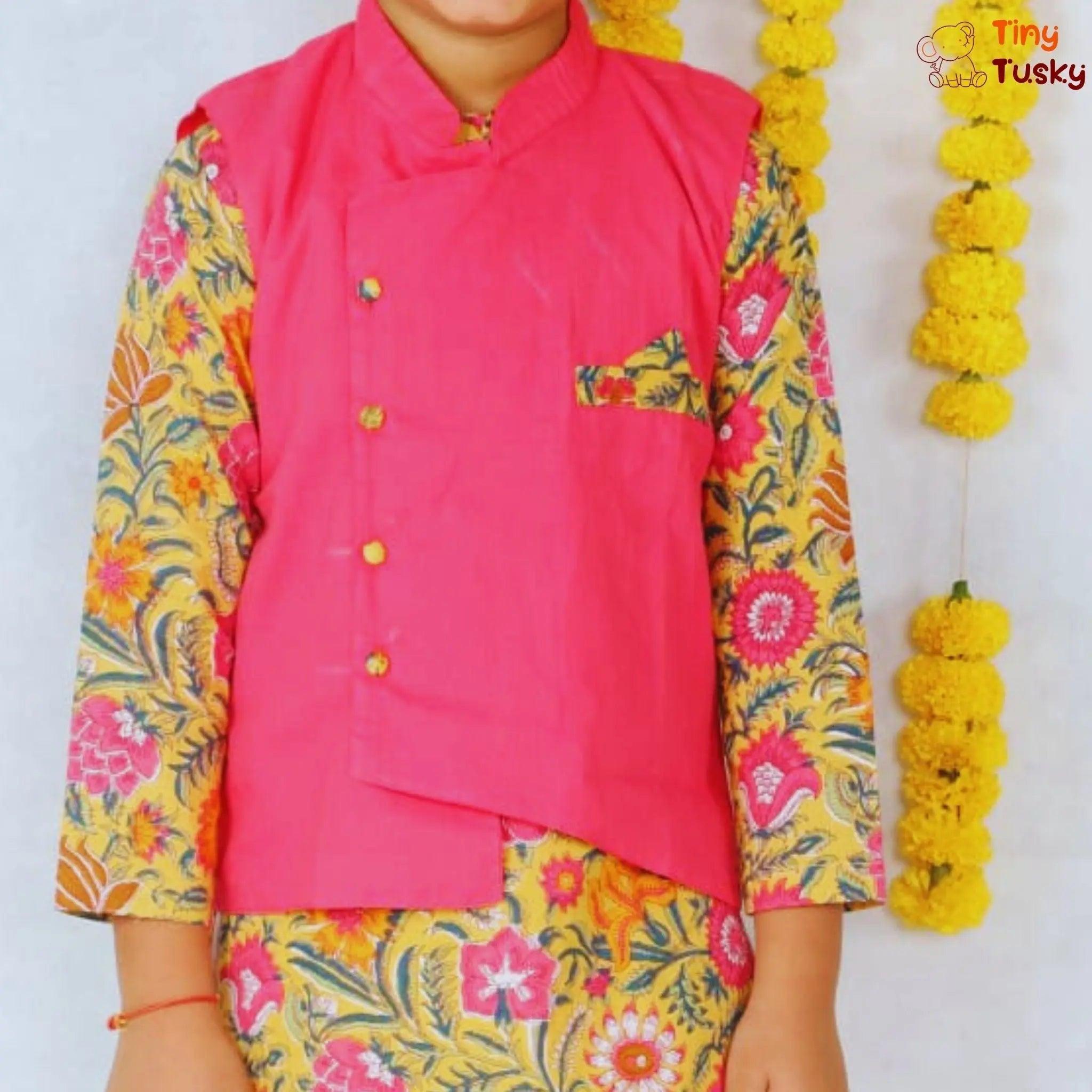 Yellow Floral Print Boys Kurta With Pink Jacket Pajama Set - Tiny Tusky