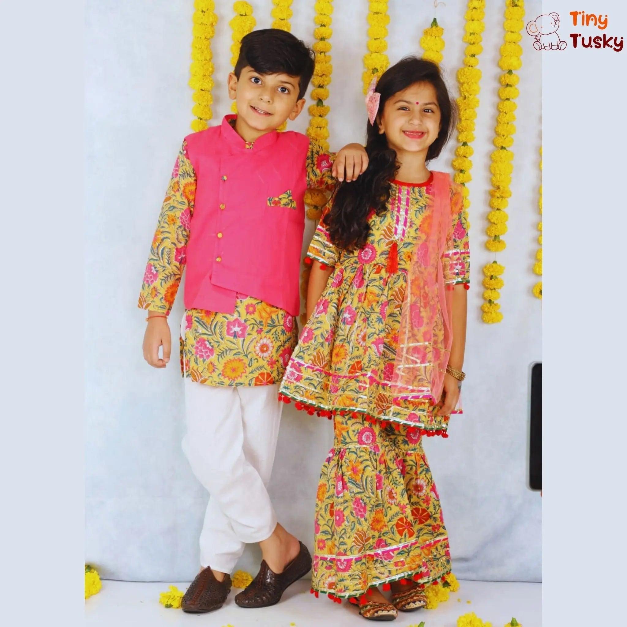 Yellow Floral Print Boys Kurta With Pink Jacket Pajama Set - Tiny Tusky