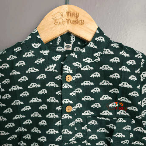 Tiny Tusky Boys Dark Green Cotton Car Shirt - Tiny Tusky
