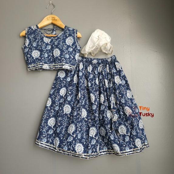 Cotton Sleeveless Floral Top And Lehenga With Dupatta And Gota Lace - Tiny Tusky