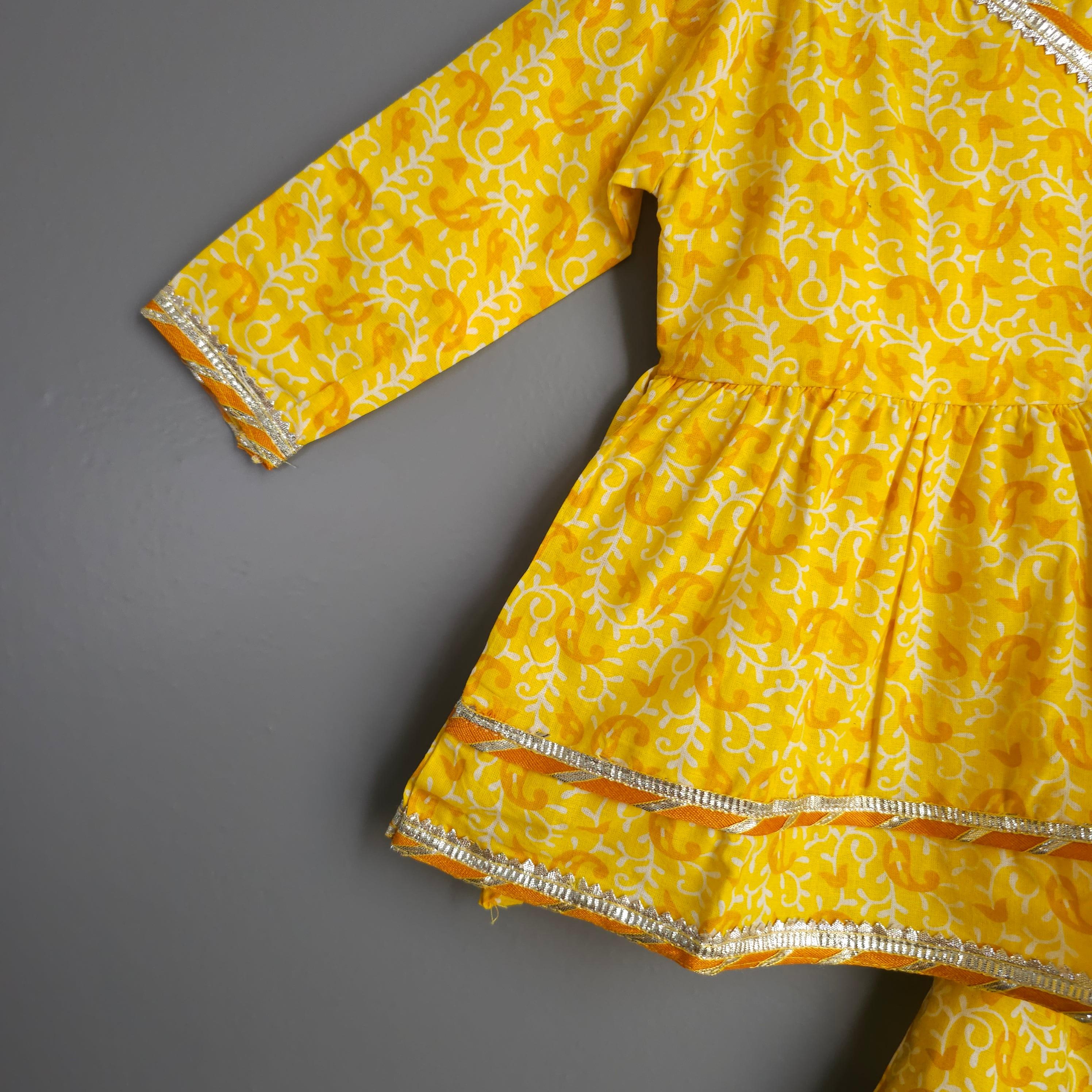 Yellow Cotton Girls Peplum Top And Lehnga With Gotta Lace - Tiny Tusky