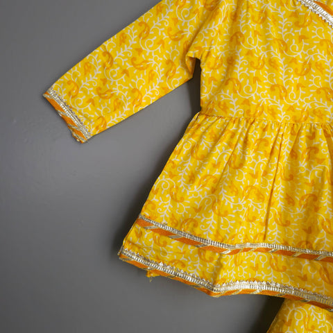 Yellow Cotton Girls Peplum Top And Lehnga With Gotta Lace - Tiny Tusky