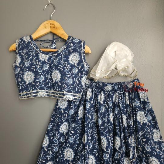 Cotton Sleeveless Floral Top And Lehenga With Dupatta And Gota Lace - Tiny Tusky
