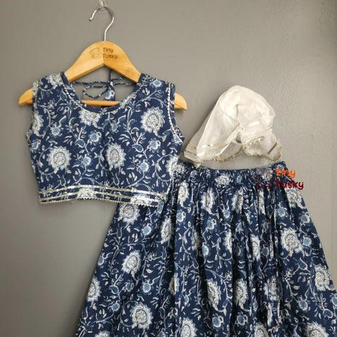 Cotton Sleeveless Floral Top And Lehenga With Dupatta And Gota Lace - Tiny Tusky
