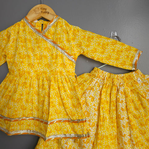 Yellow Cotton Girls Peplum Top And Lehnga With Gotta Lace - Tiny Tusky